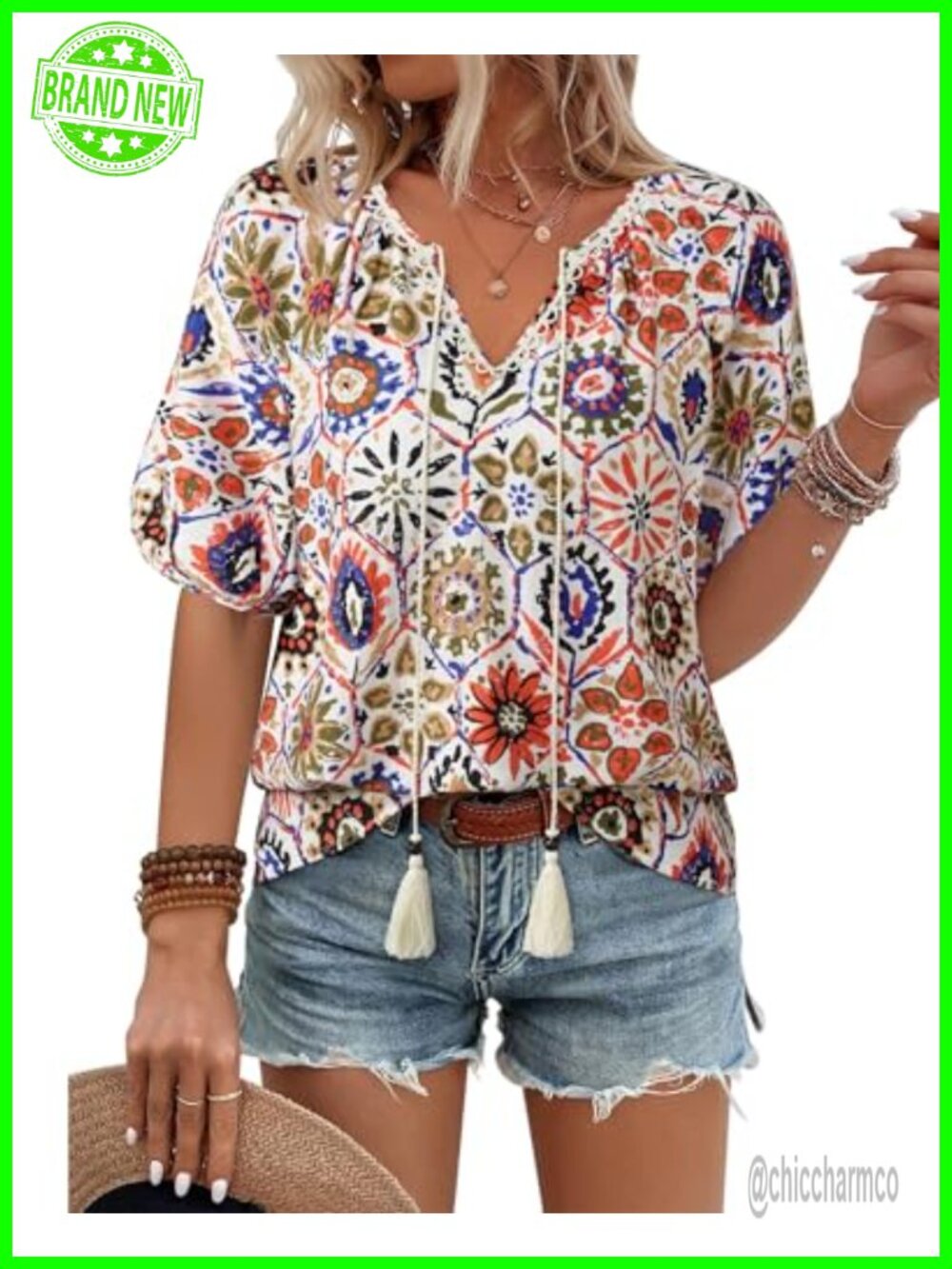 Womens Floral Boho Blouse V Neck Puff Short Sleeve Tie Front Flowy Vacation Top
